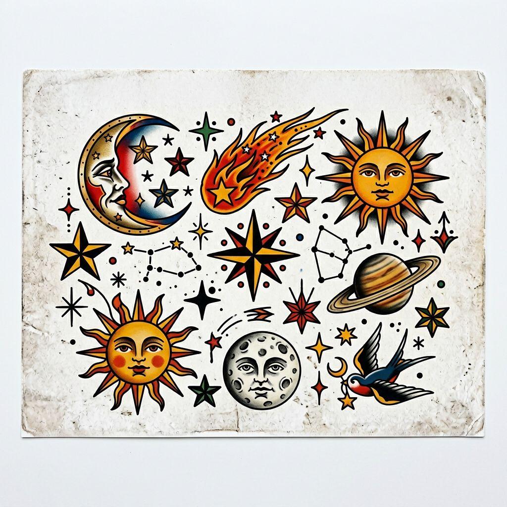 idée tatouage lune patchwork lunaire vintage