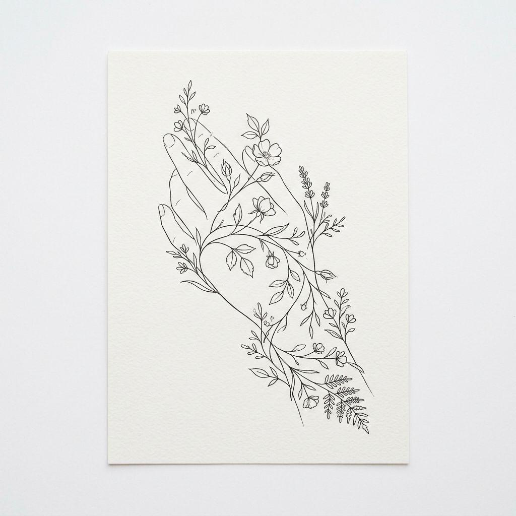 idée tatouage main femme fleurs fine line