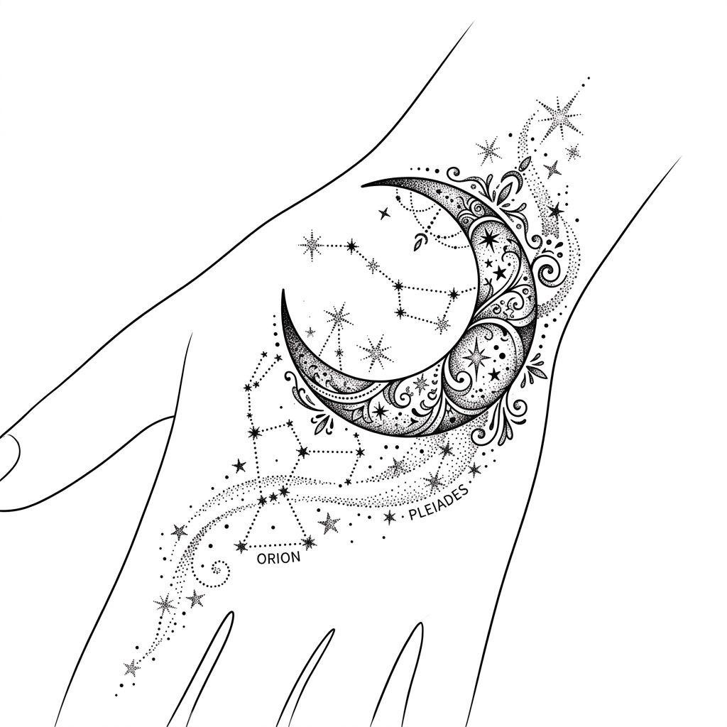 idée tatouage main femme lune et étoiles