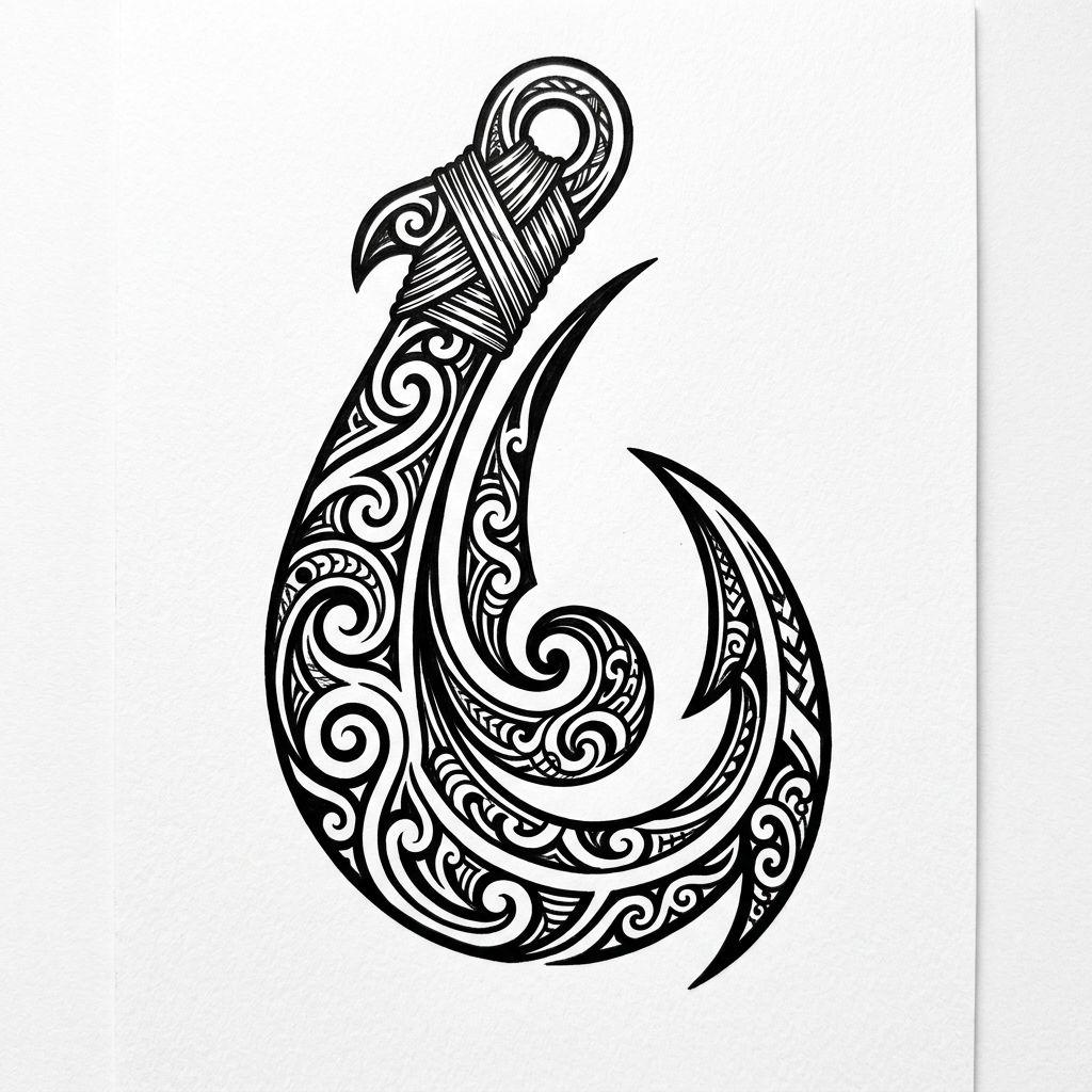 idée tatouage maori hei matau (hameçon) stylisé, design sur fond blanc