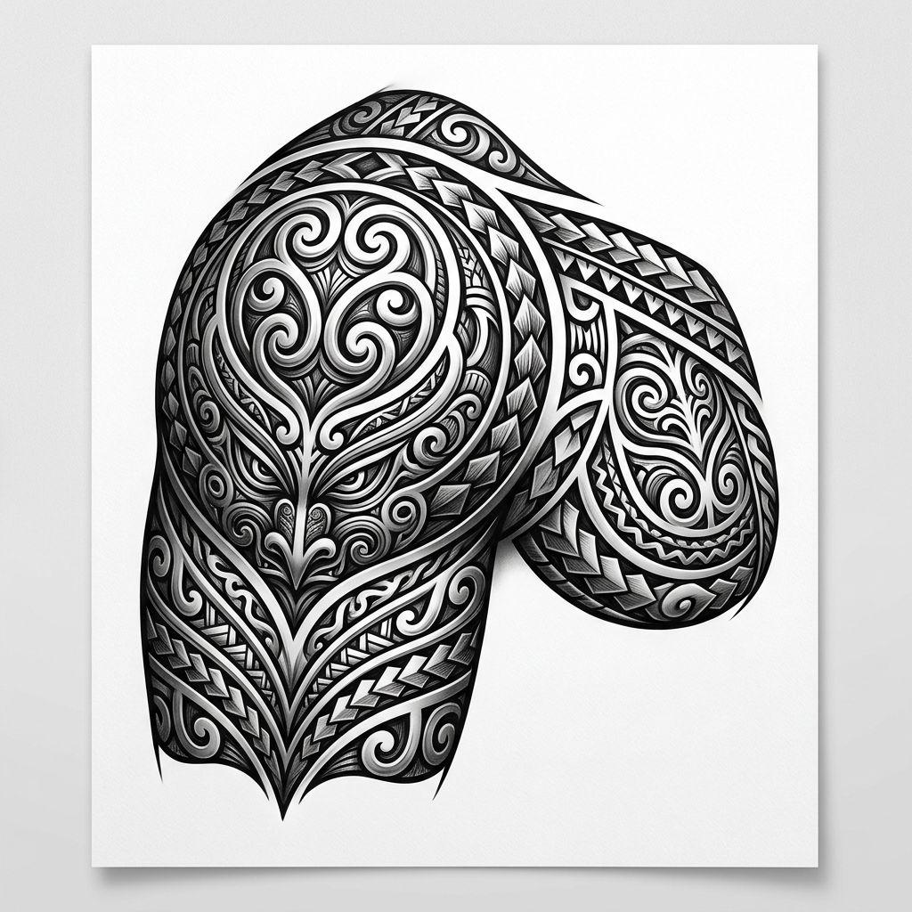 idée tatouage maori épaulière néo-polynésienne 3d, design sur fond blanc