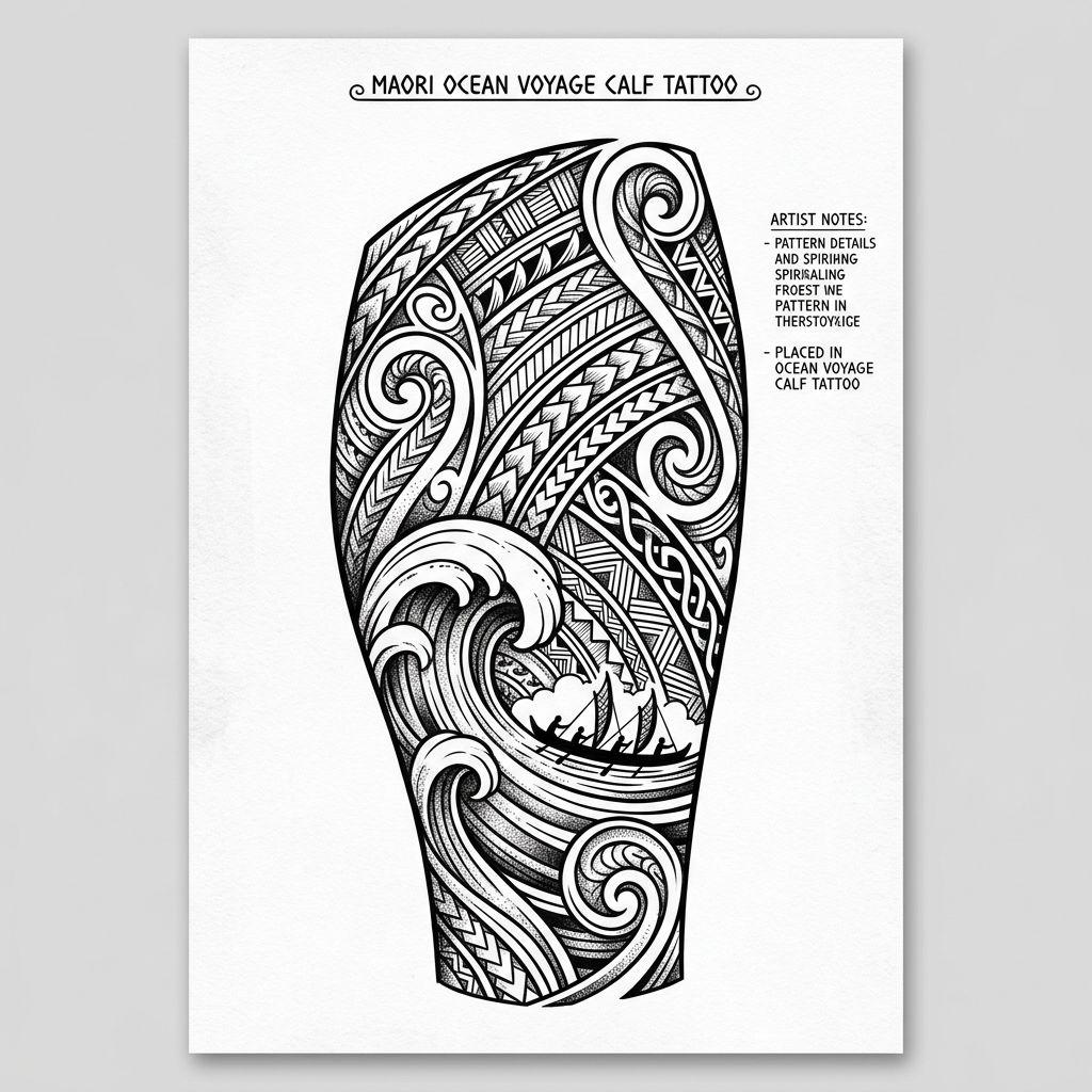idée tatouage maori vagues et spirales mollet, design sur fond blanc