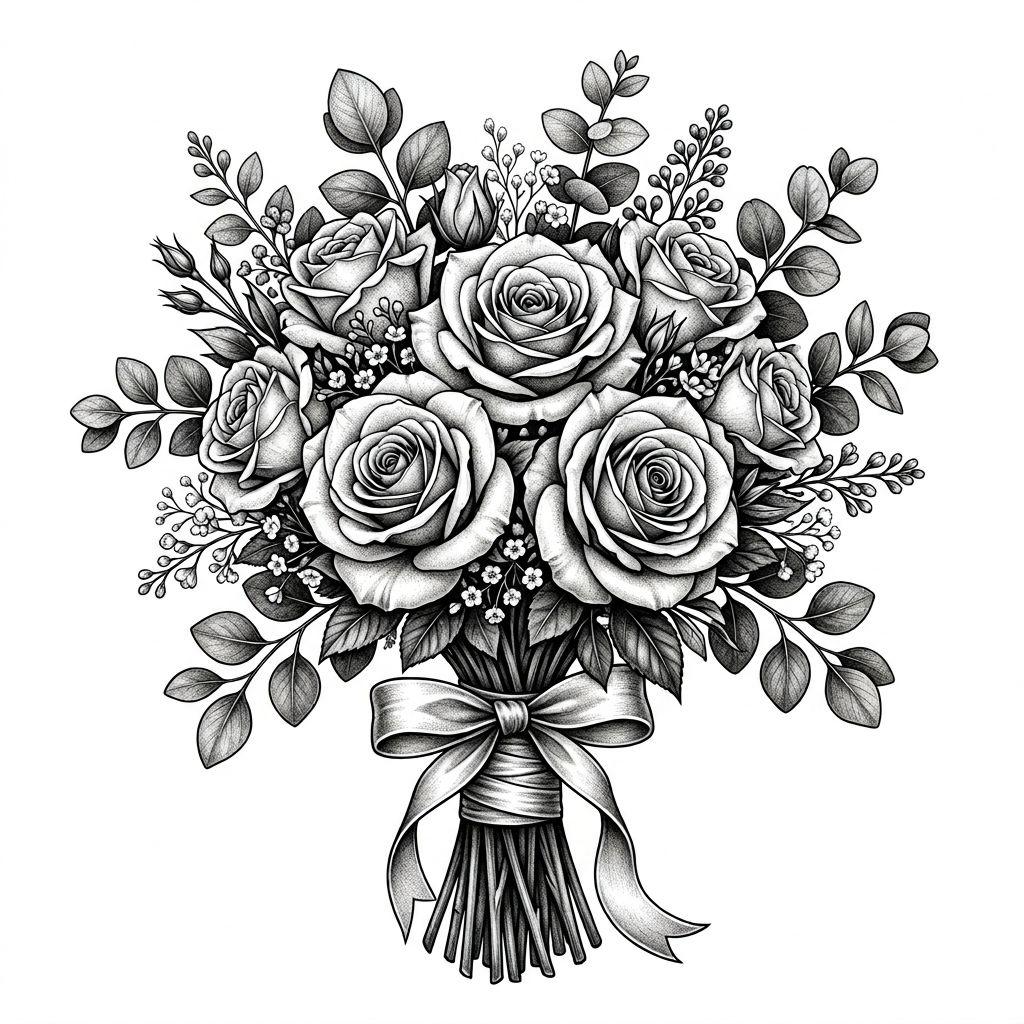 idée tatouage mariage bouquet realiste mariee