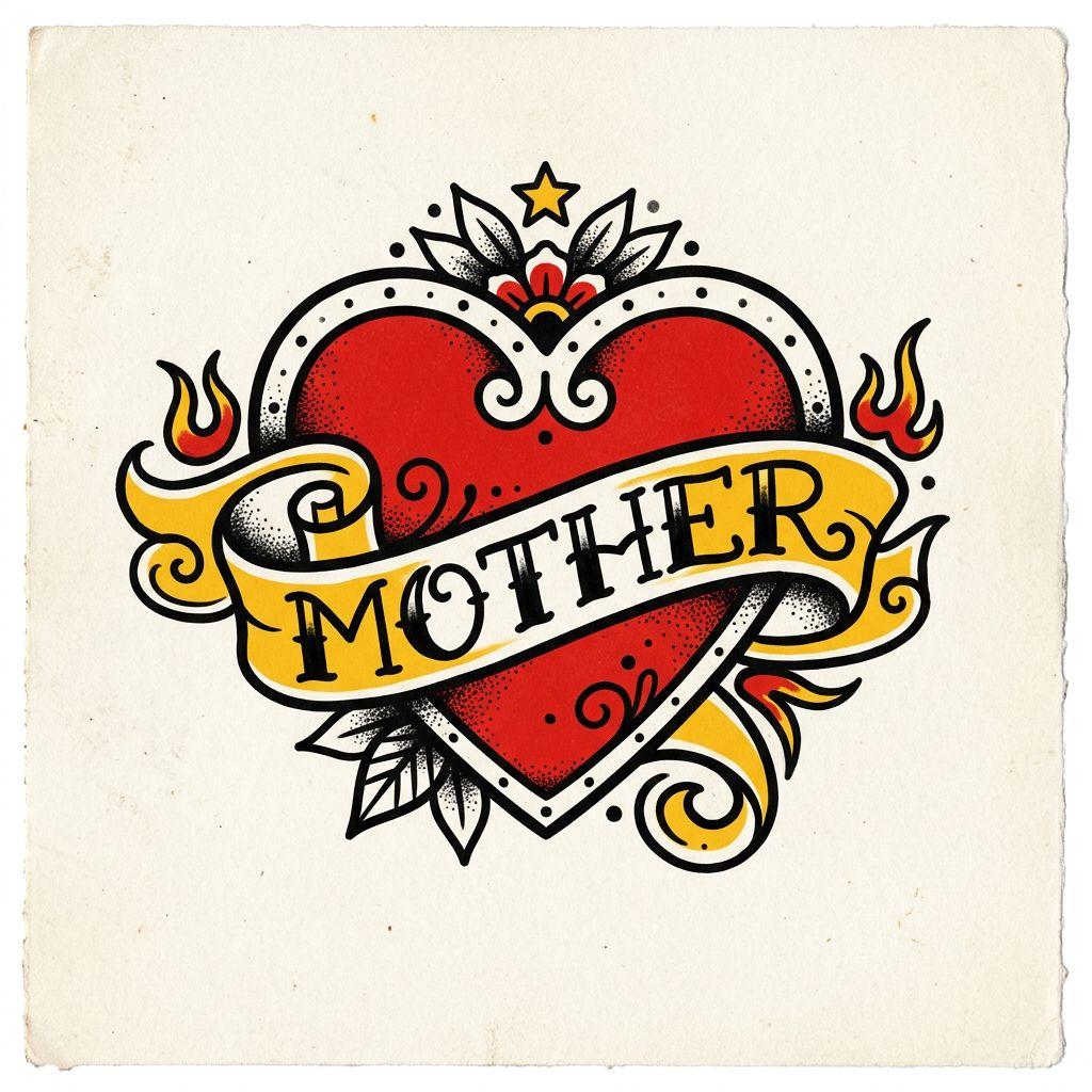 idée tatouage mère et fils cœur old school 'mother'