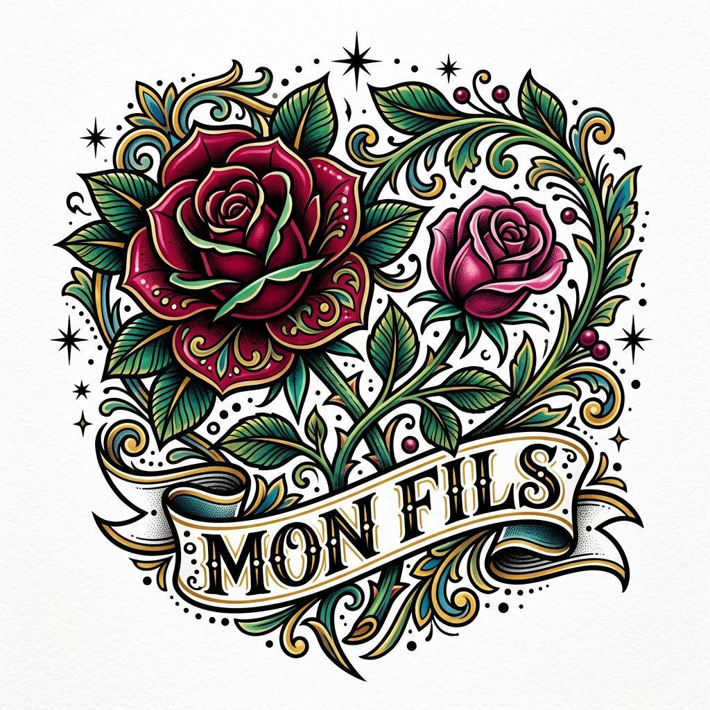 idée tatouage mère et fils roses néo-traditionnelles