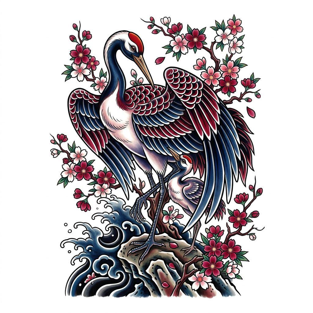 idée tatouage mère et fils grue japonaise mère enfant