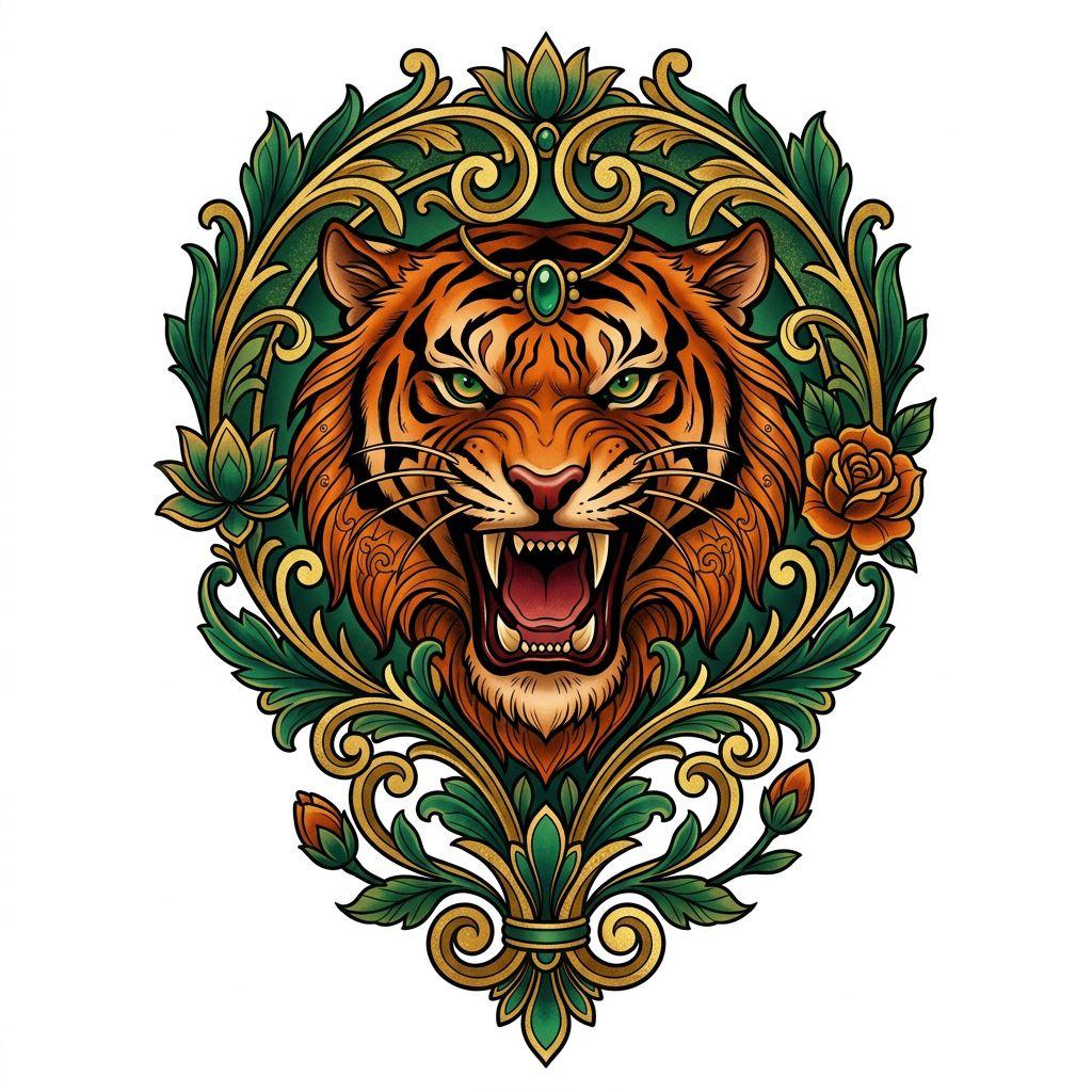idée tatouage mollet tigre néo-traditionnel