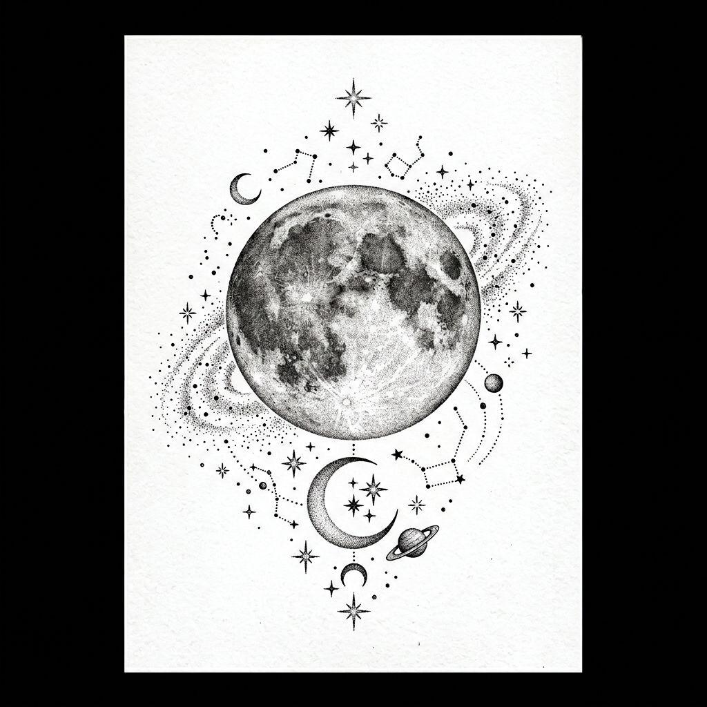 idée tatouage mollet lune dotwork