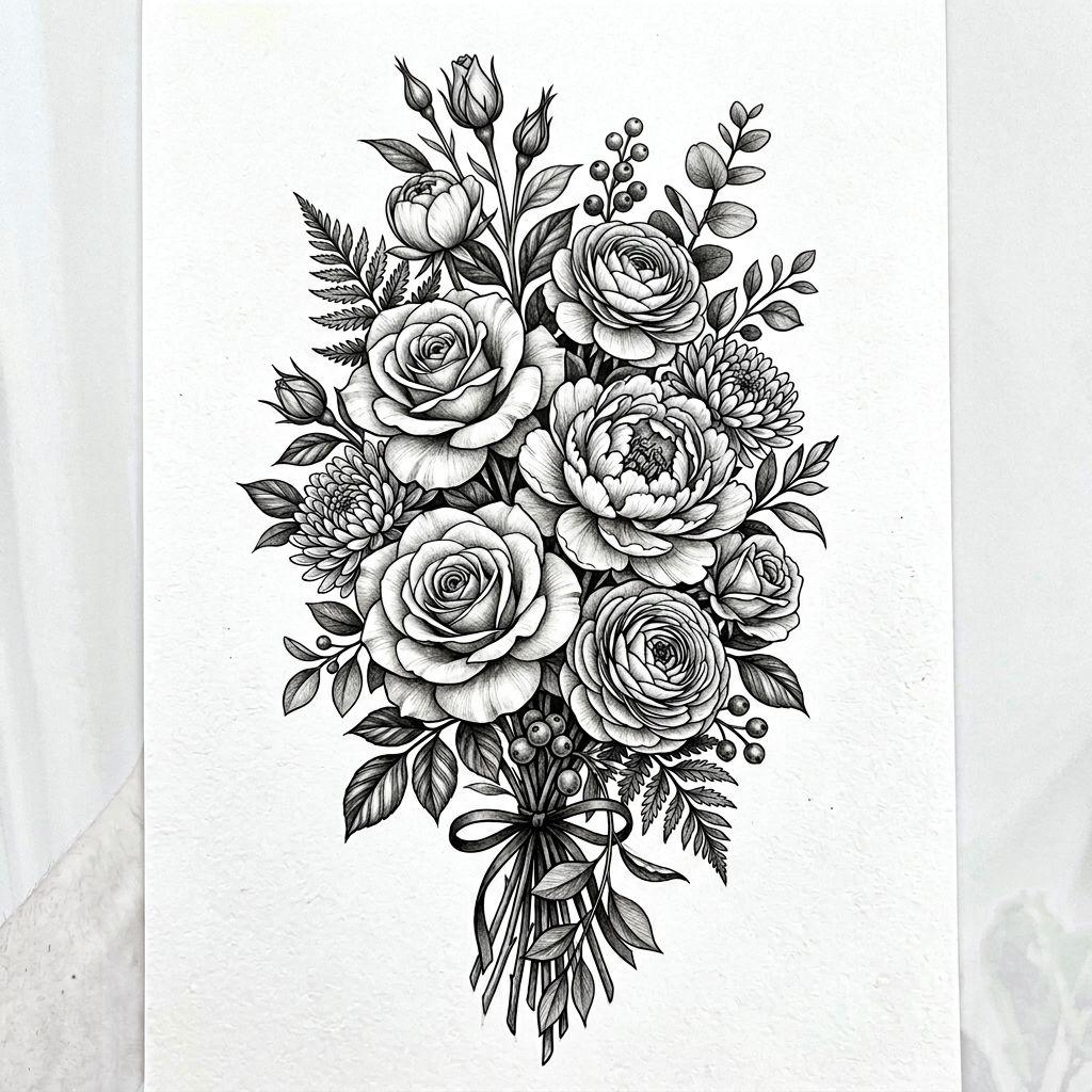 idée tatouage mollet composition florale réaliste