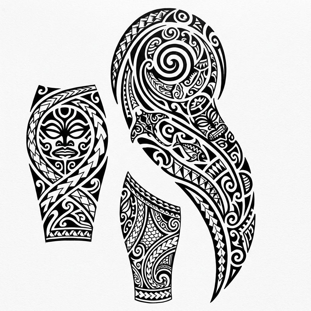 idée tatouage mollet composition tribale