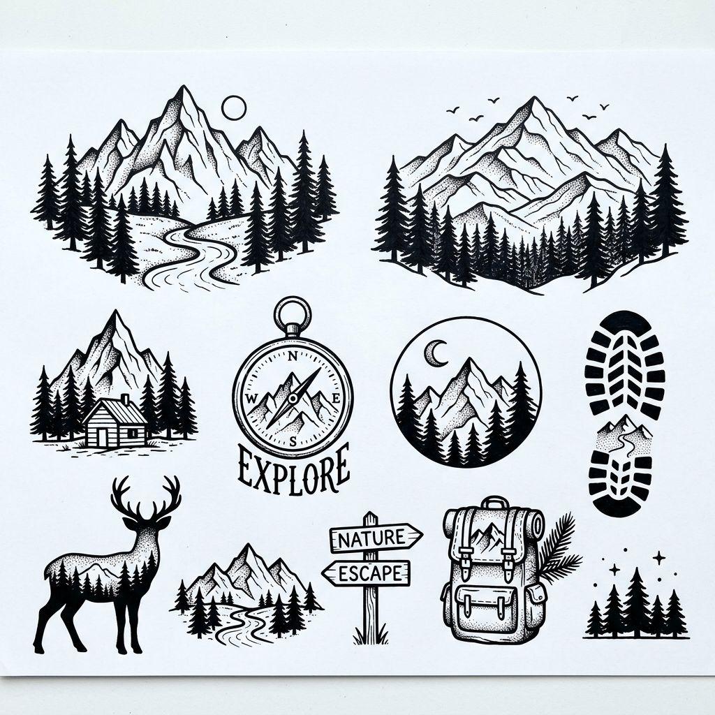 idée tatouage mollet homme montagne et forêt
