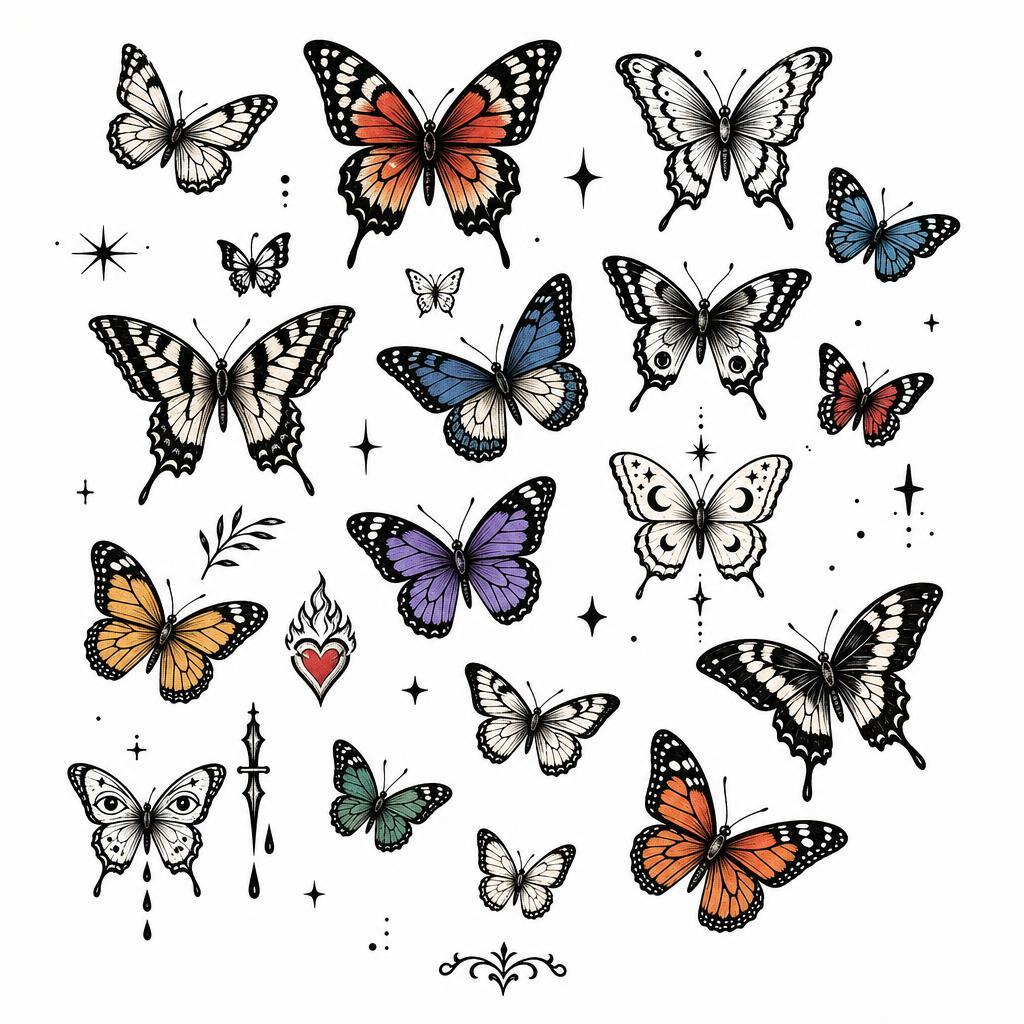 idée tatouage papillon patchwork papillons multiples