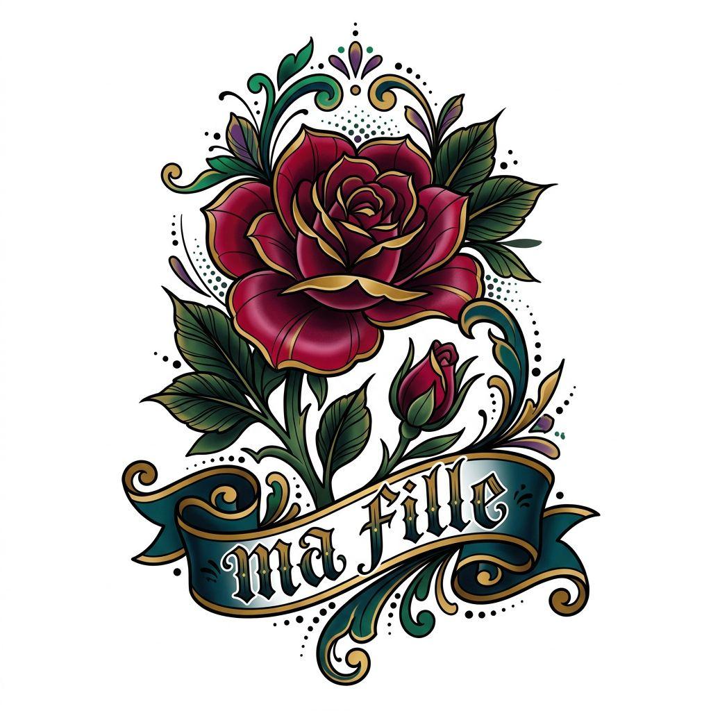 idée tatouage père et fille fleurs néo-traditionnelles