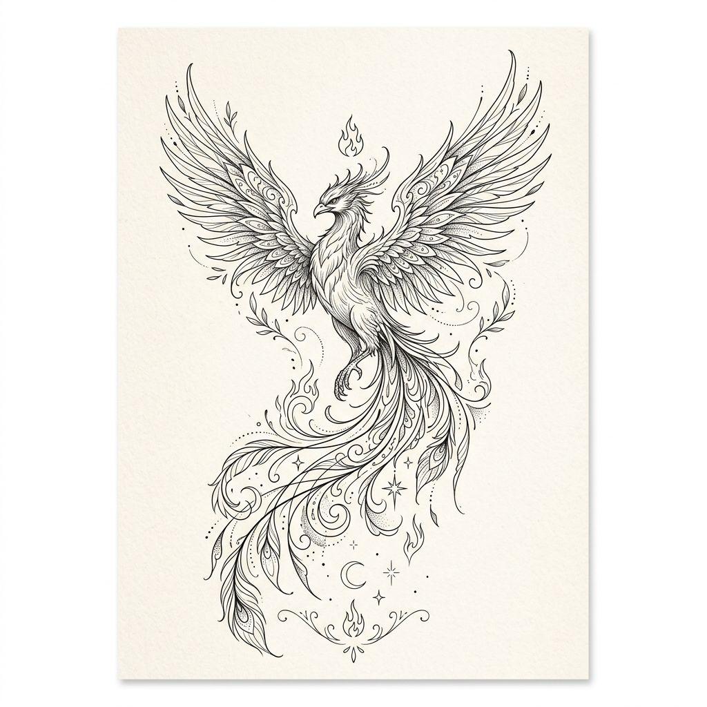 idée tatouage phenix phenix fine line ascendant