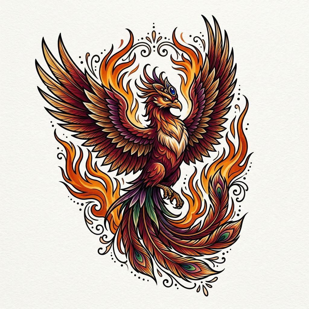 idée tatouage phenix phenix néo-traditionnel flammes