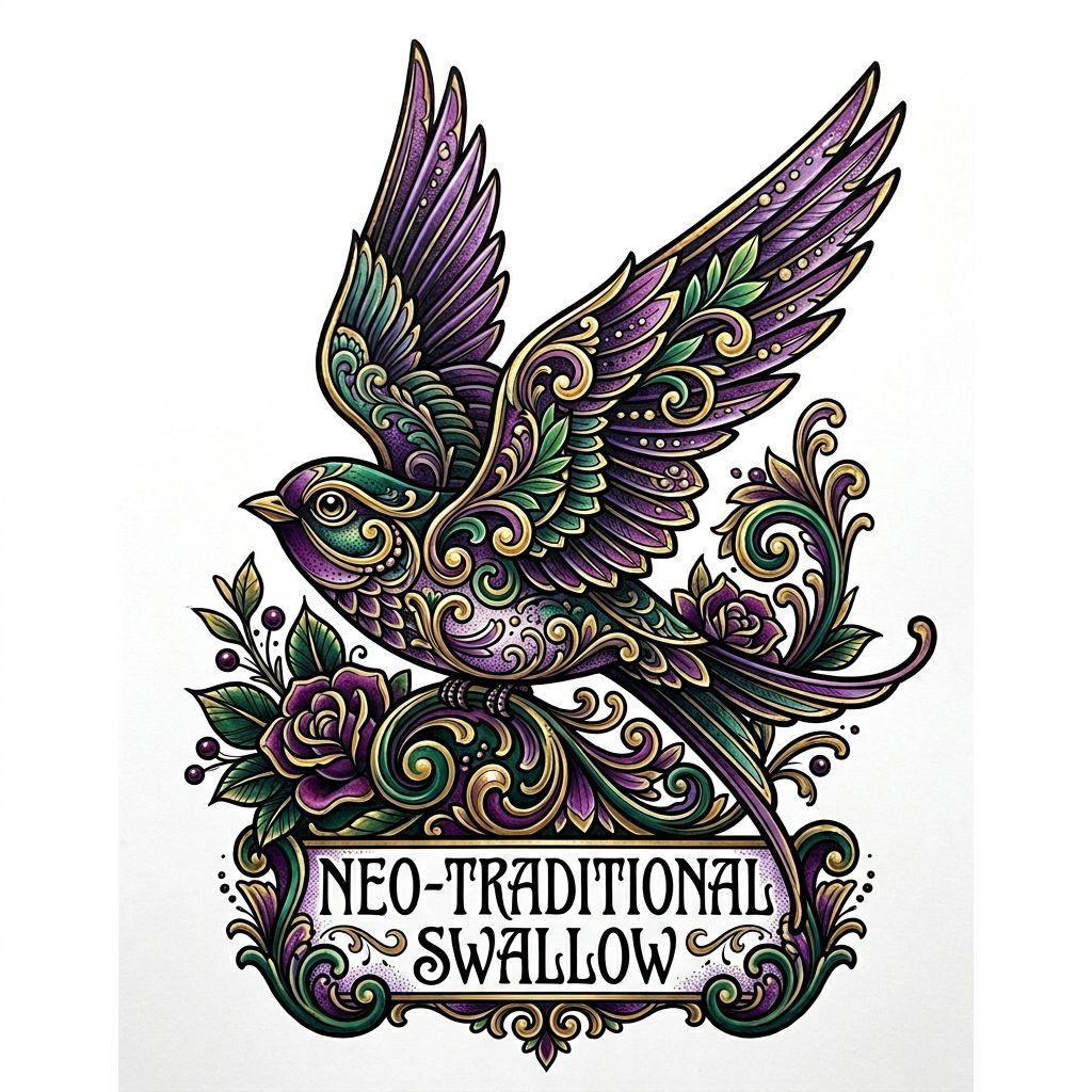 idée tatouage pied hirondelle néo-traditionnelle