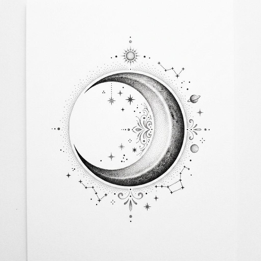 idée tatouage pied lune dotwork