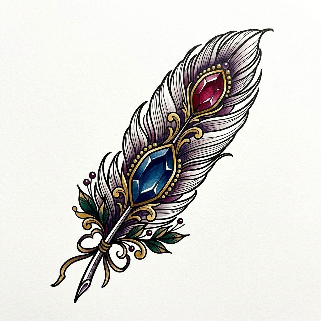 idée tatouage plume plume néo-traditionnel colorée