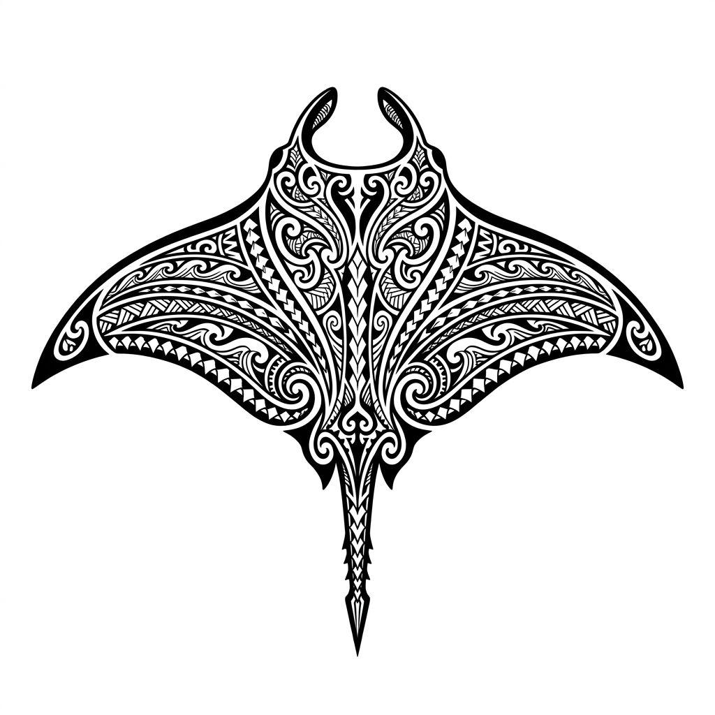idée tatouage polynésien raie manta stylisee, design sur fond blanc