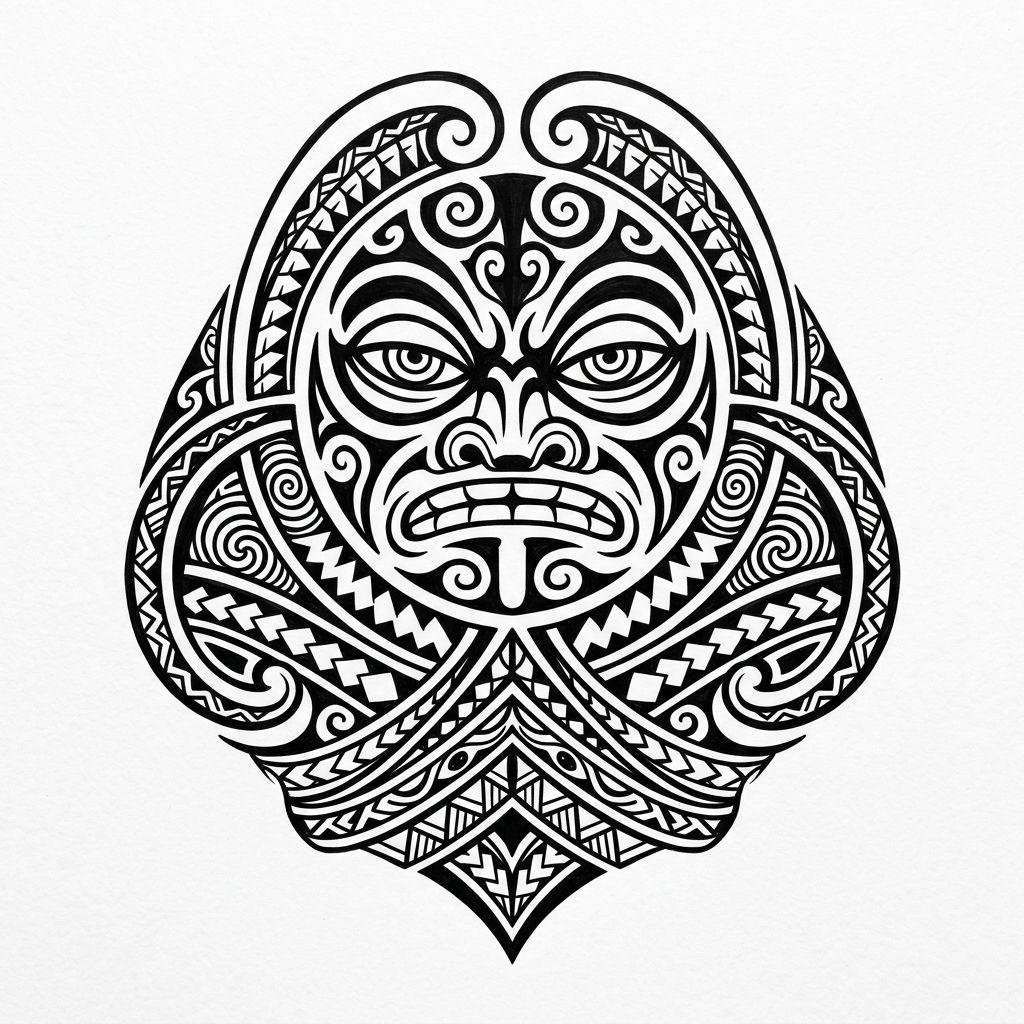 idée tatouage polynésien tiki protecteur, design sur fond blanc