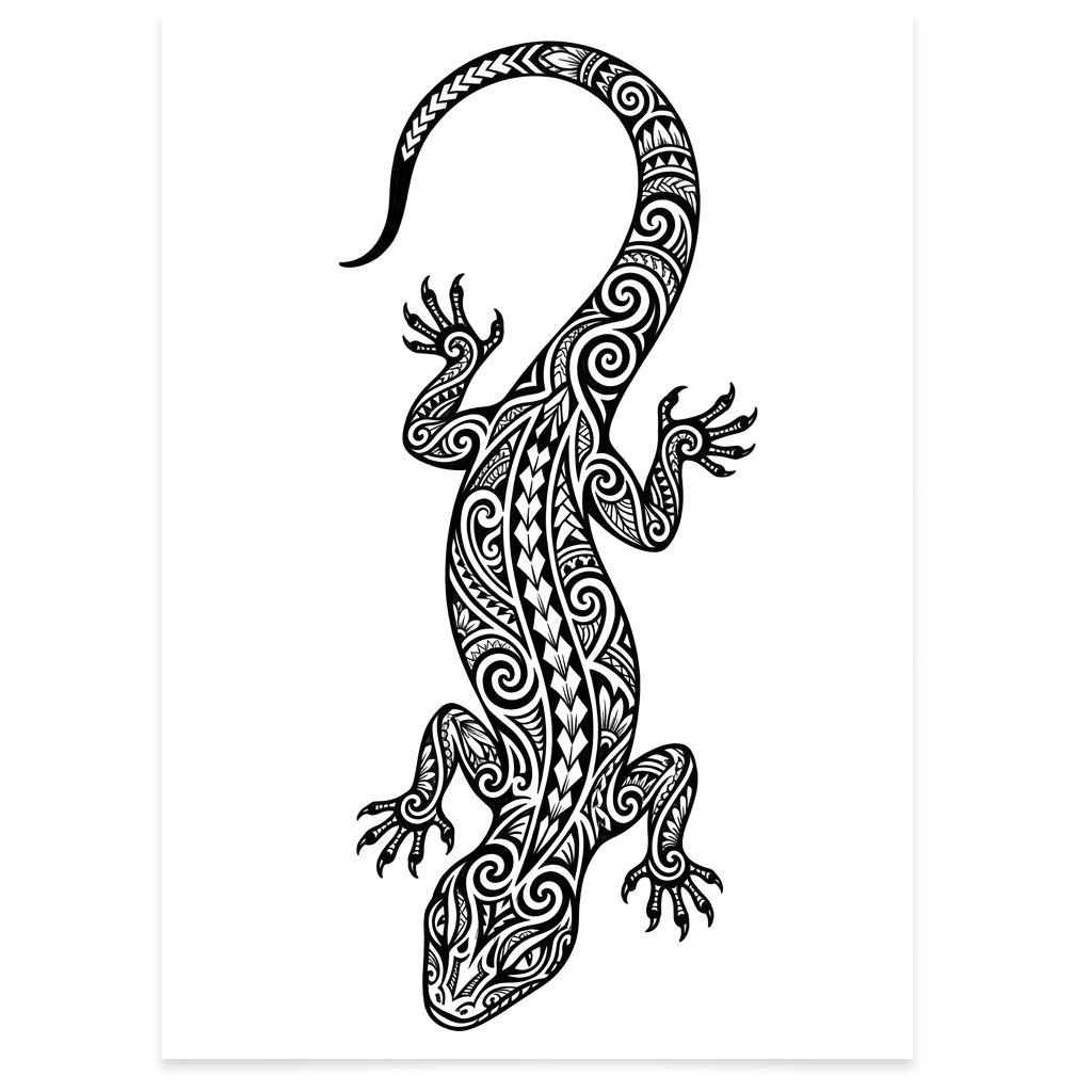 idée tatouage polynésien lezard gecko mo o, design sur fond blanc
