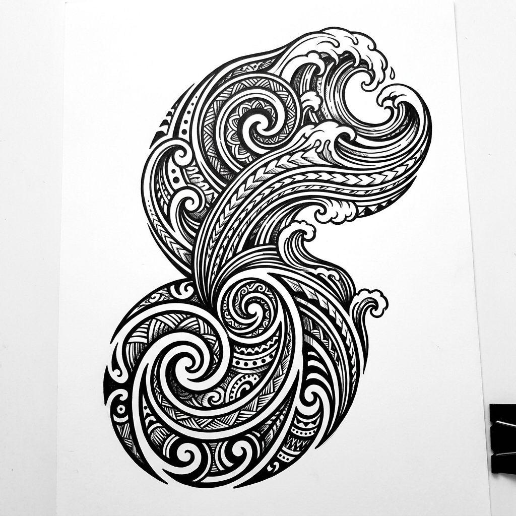 idée tatouage polynésien spirales koru et vagues, design sur fond blanc