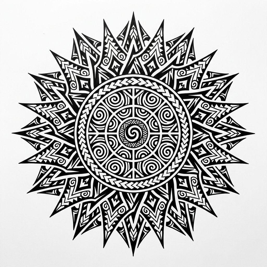 idée tatouage polynésien soleil marquisien, design sur fond blanc
