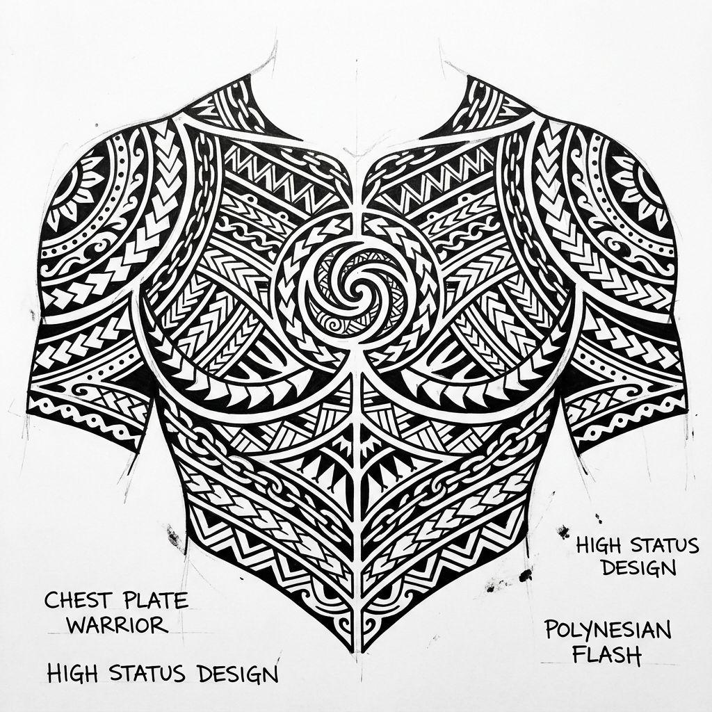 idée tatouage polynésien pectoral guerrier, design sur fond blanc
