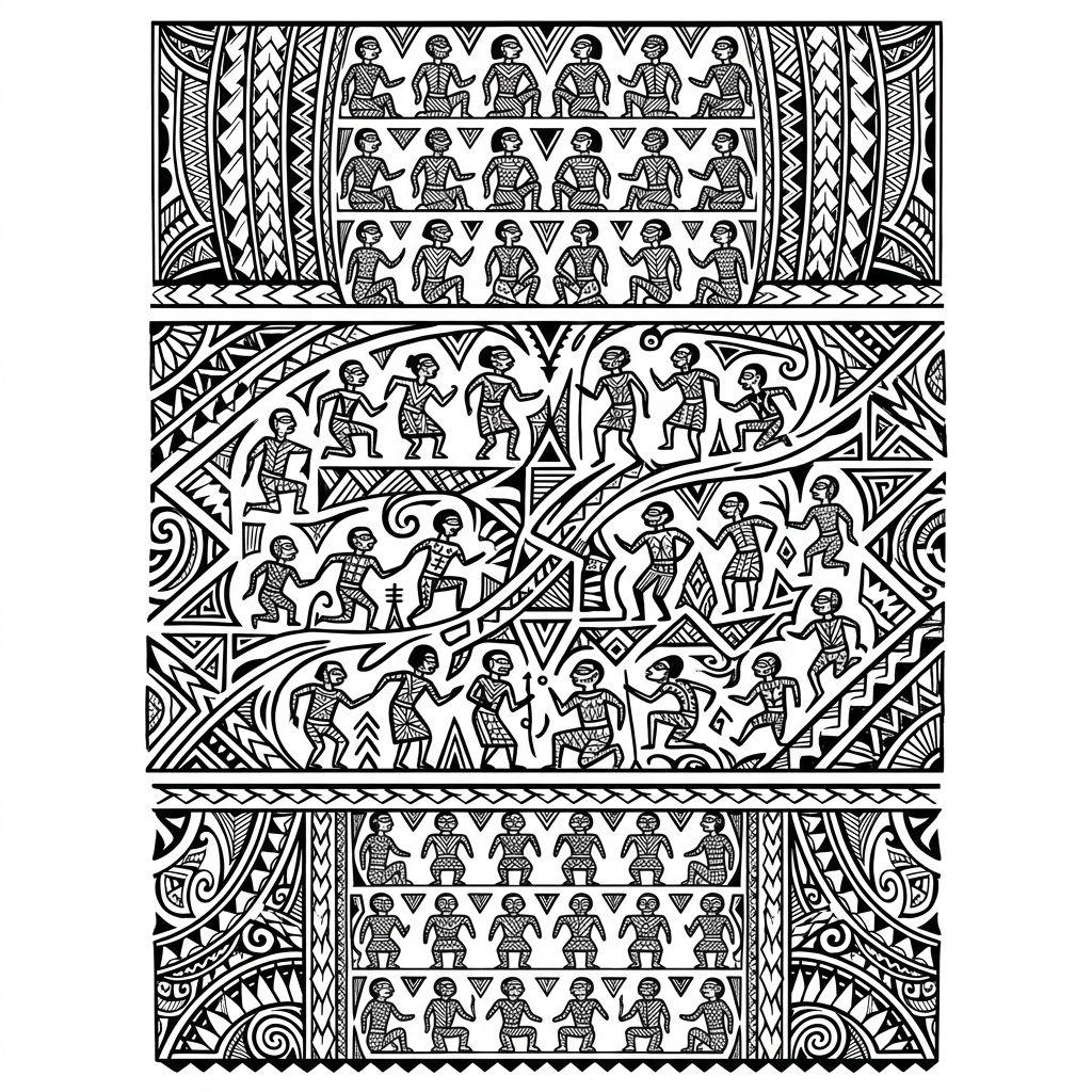 idée tatouage polynésien enata et lignes de vie, design sur fond blanc