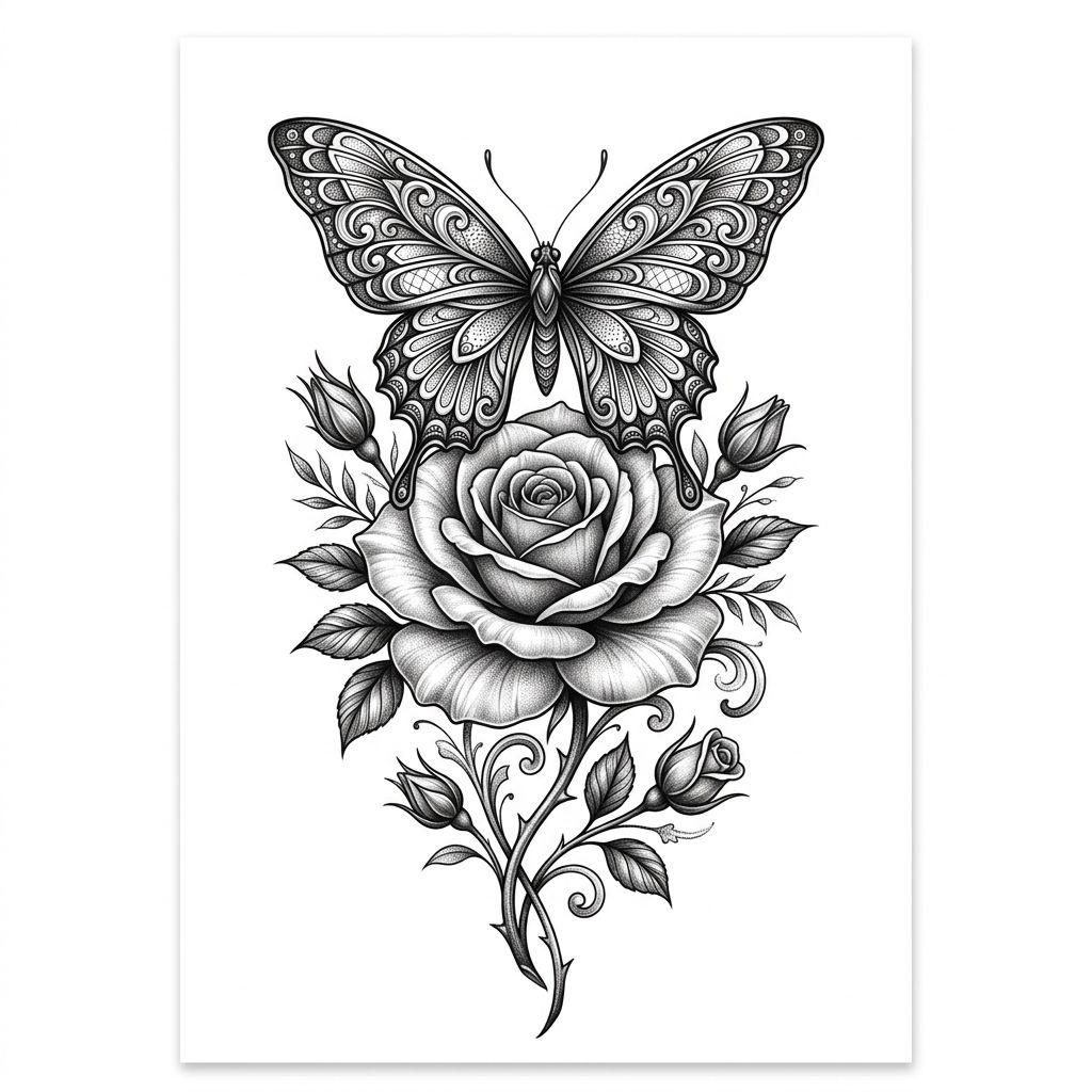 idée tatouage rose rose et papillon