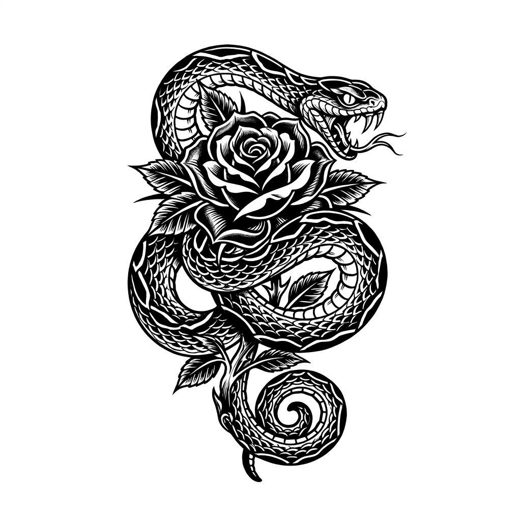 idée tatouage rose rose et serpent
