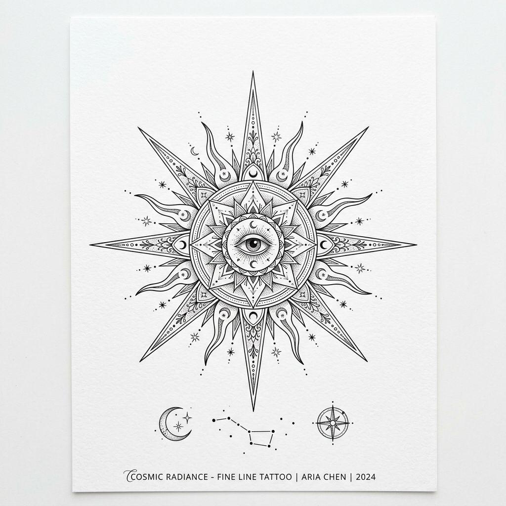 idée tatouage soleil soleil fine line ornemental