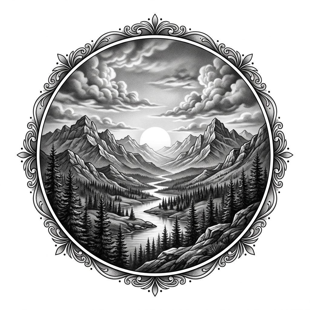 idée tatouage soleil soleil realiste paysage
