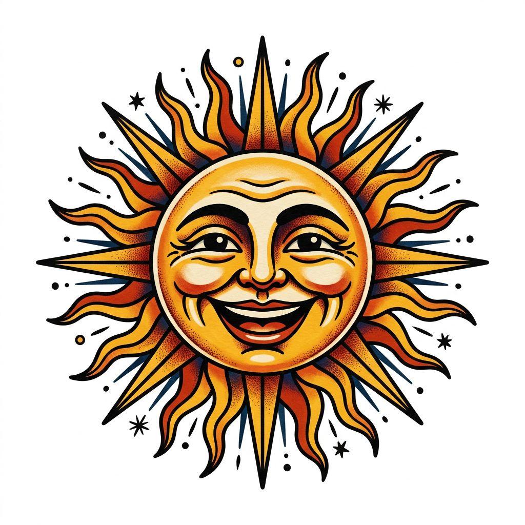 idée tatouage soleil soleil old school visage