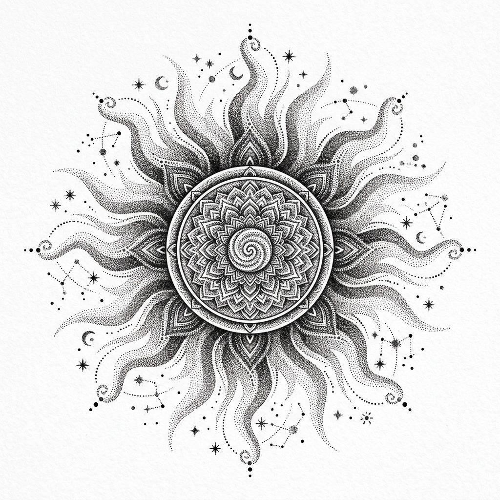 idée tatouage soleil soleil dotwork rayonnant