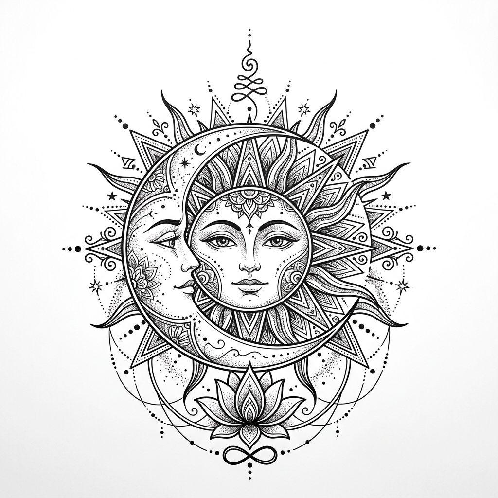 idée tatouage soleil soleil et lune spirituel