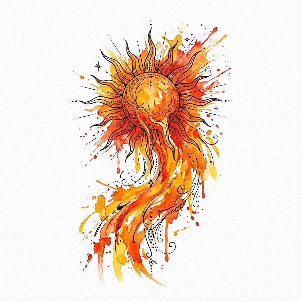 idée tatouage soleil soleil aquarelle vibrant