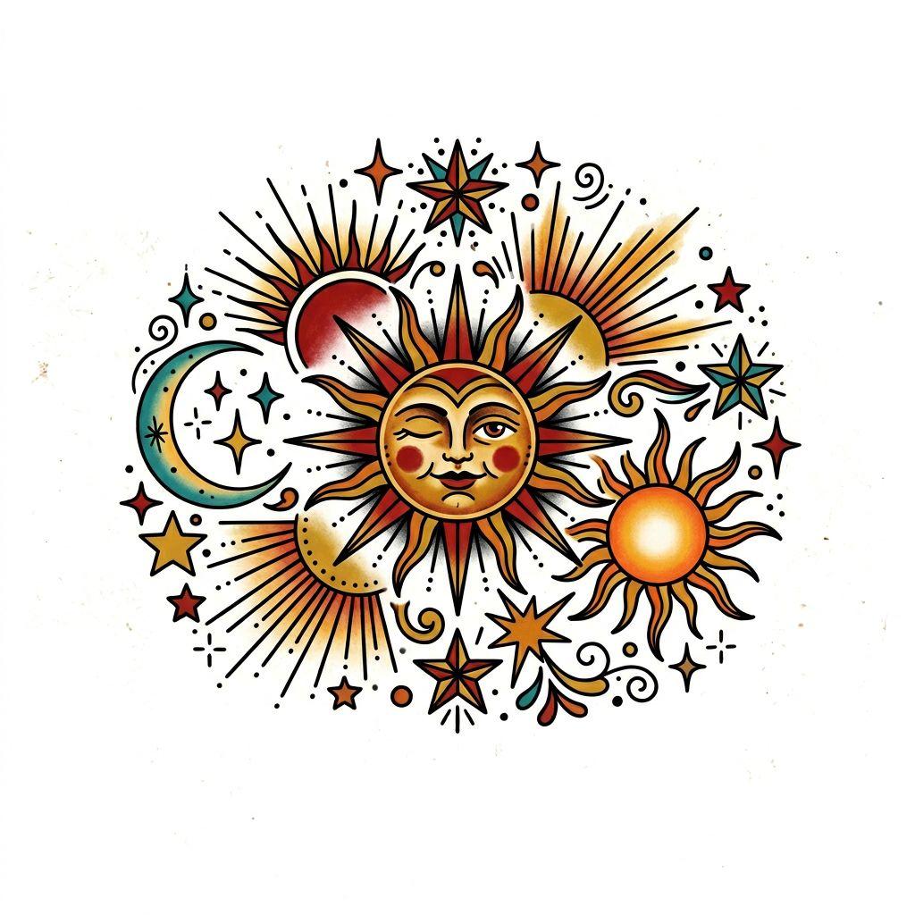idée tatouage soleil patchwork solaire vintage
