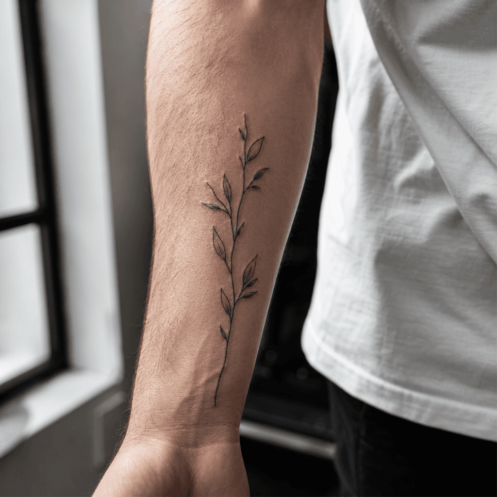 Tatouage branche végétale fine-line à l'avant-bras, exemple à 180-280 euros