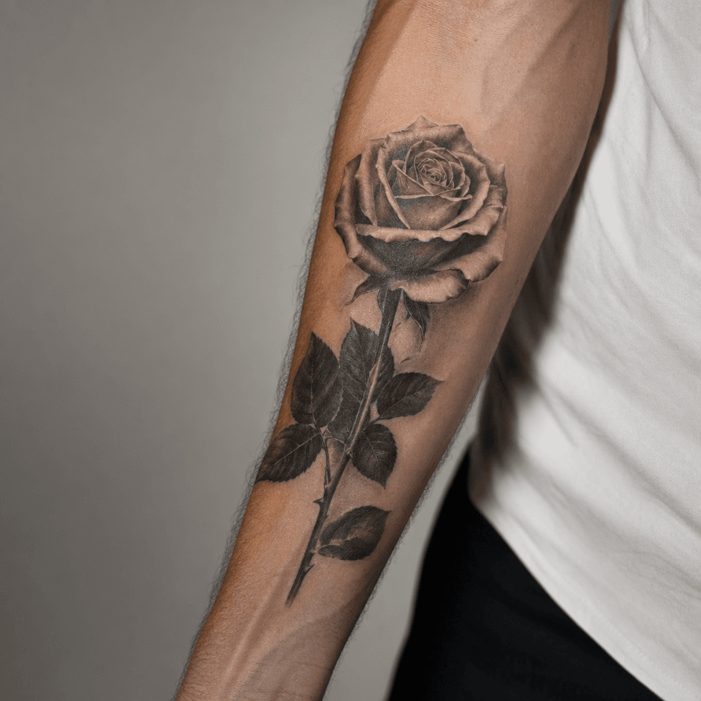 Tatouage rose réaliste à l'avant-bras, zone peu douloureuse, échelle 3 sur 10