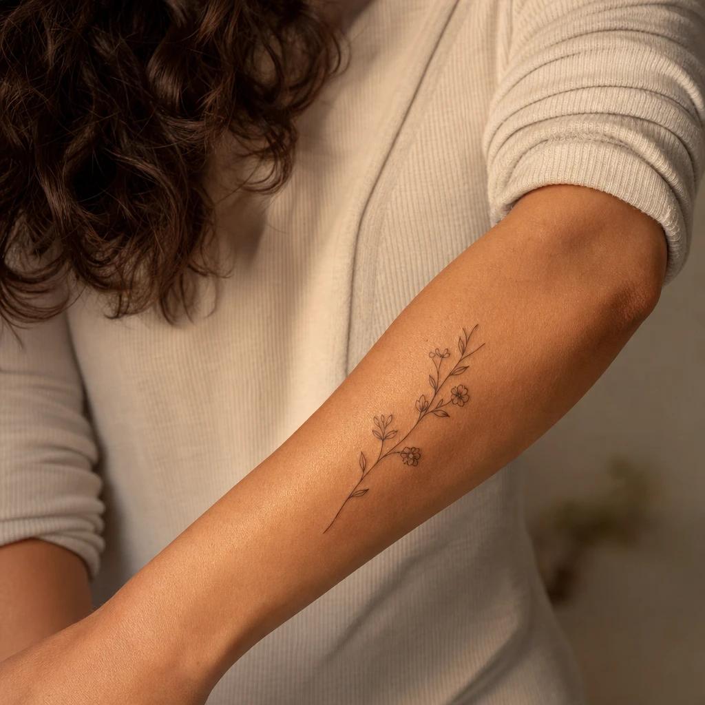 idée tatouage avant-bras femme branche fleurie fine line