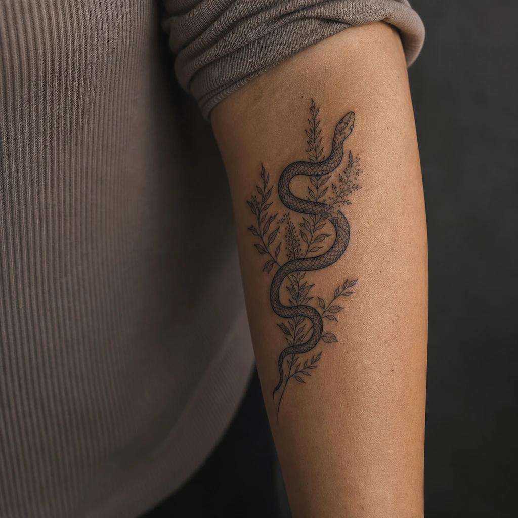 idée tatouage avant-bras femme serpent fin botanique