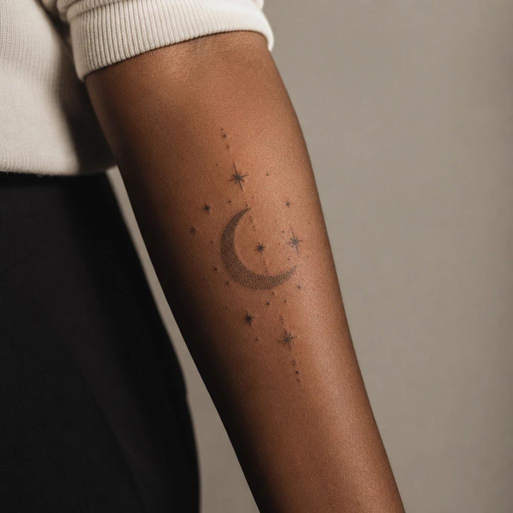 idée tatouage avant-bras femme lune et étoiles dotwork