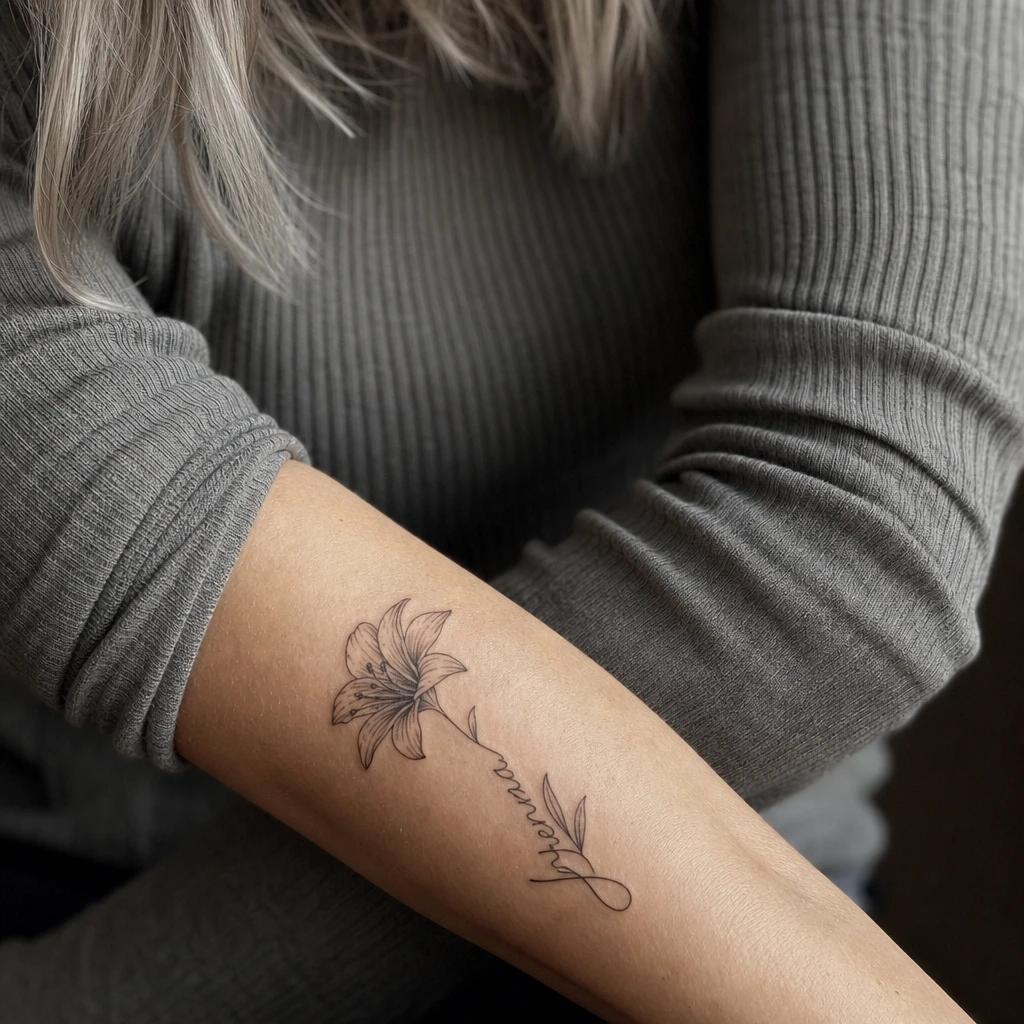 idée tatouage avant-bras femme prénom et fleur
