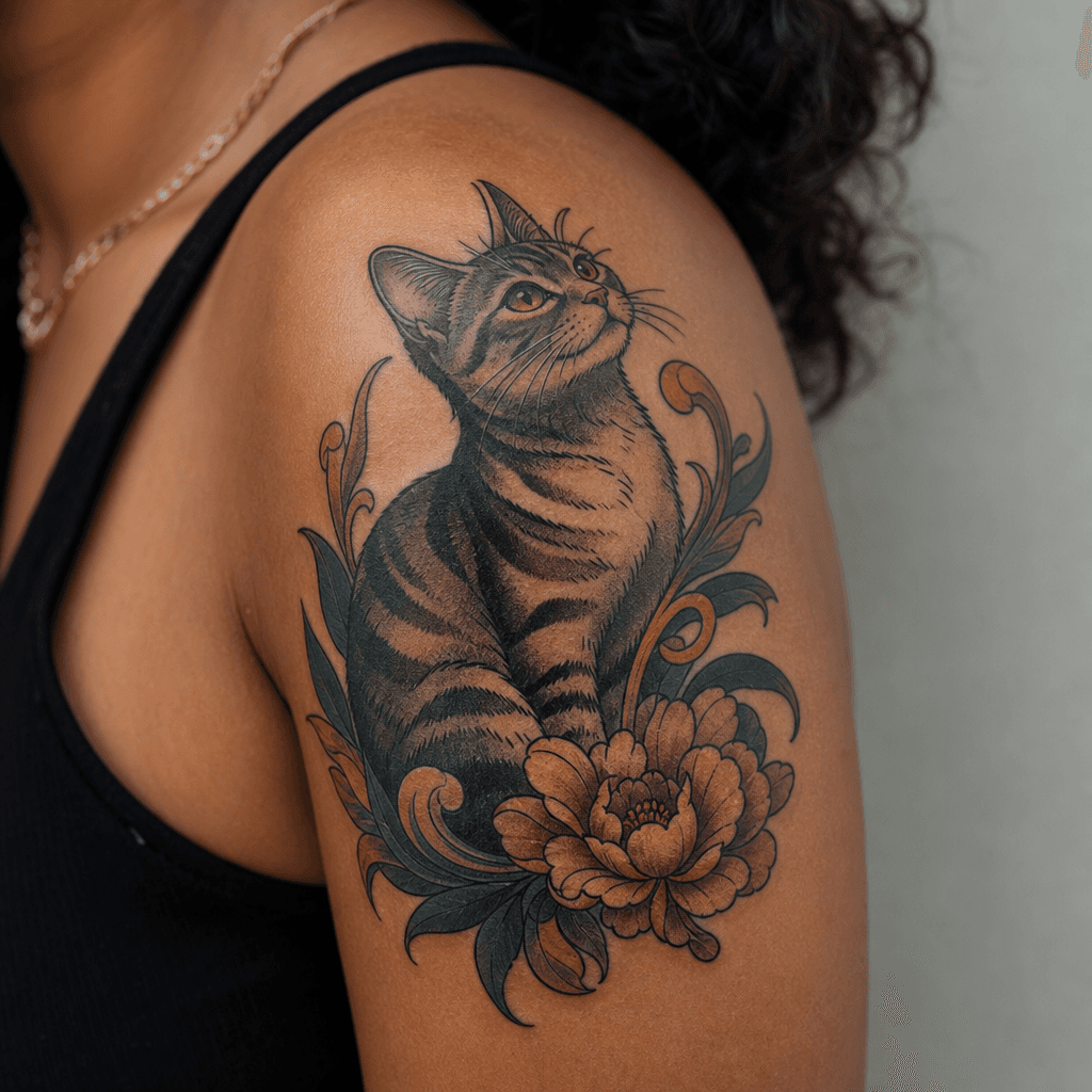 idée tatouage chat chat curieux néo-traditionnel