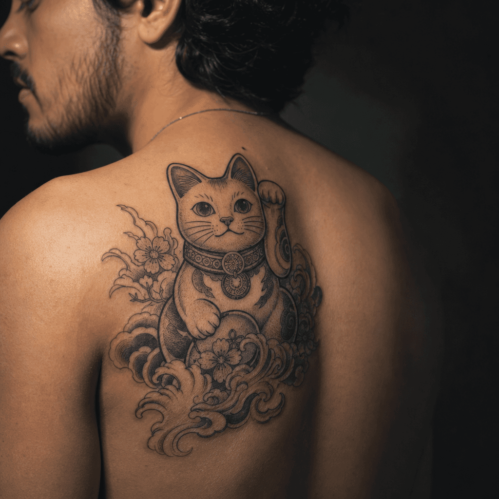 idée tatouage chat chat japonais maneki-neko