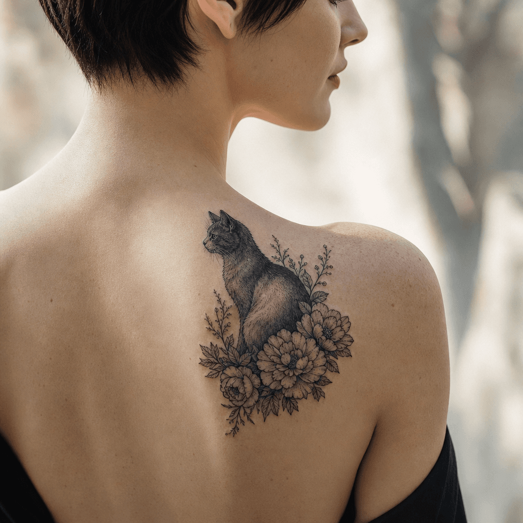 idée tatouage chat chat dans les fleurs floral