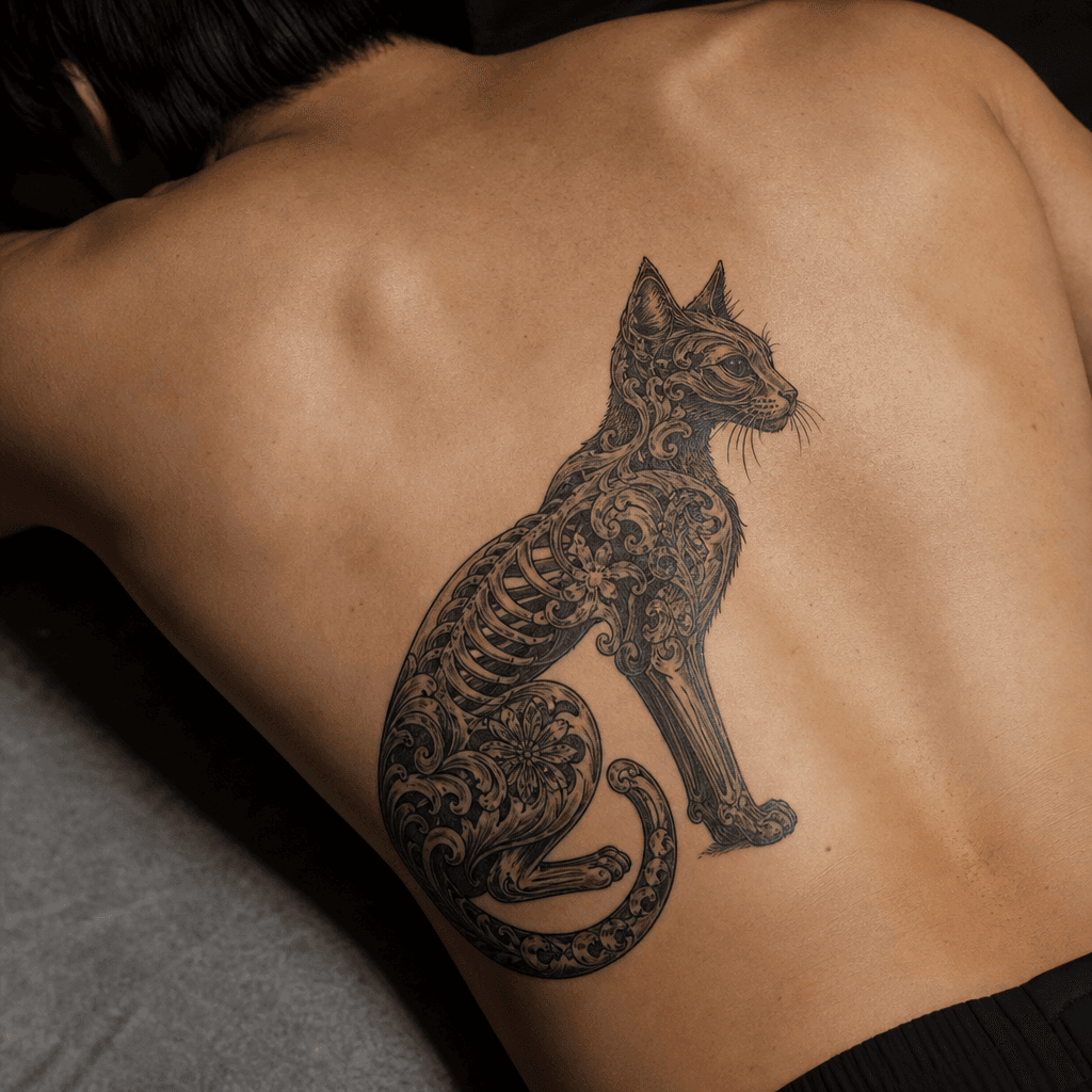 idée tatouage chat chat squelette ornemental