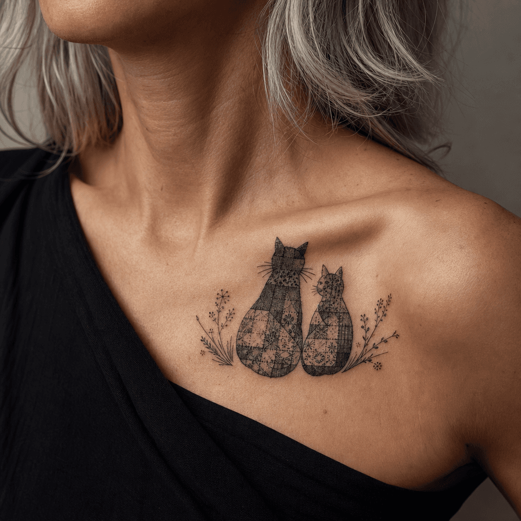 idée tatouage chat patchwork chats vintage