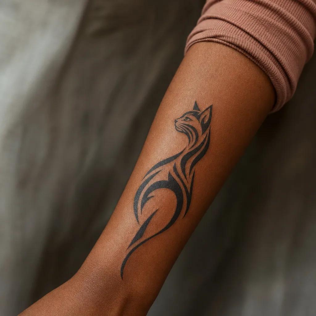 idée tatouage chat chat tribal moderne, photo réaliste sur peau